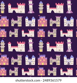 Childrens castle pattern. Cartoon fairy building background. Cute childish magic pattern for decoration, cover.