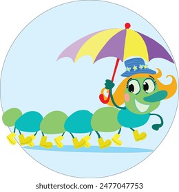 Children's Caterpillar with yellow boots and a pink umbrella