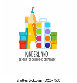 Kinderzentrum-Logo.  Logo für Kindergarten, Kinderklub, Bildungs- oder Kinderentwicklungsemblem, Shop- oder Lagersignatur für die Kreativität von Kindern.  Vektorgrafik.