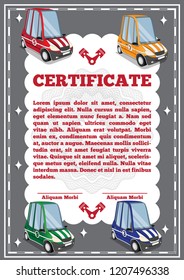 Certificado de los niños para el tema del automóvil. Ilustración vectorial. 