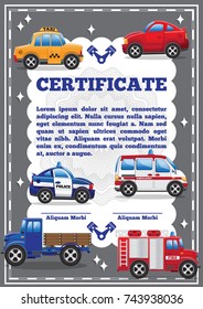 Children's certificate for automobile theme. Vector illustration.