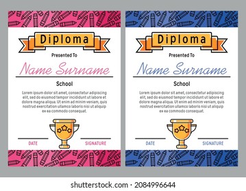 Children's certificate blue and pink for a boy and a girl on a background of colored pencils, with a winner's cup. Template for diploma, announcement, certificate of honor, award. Vector illustration