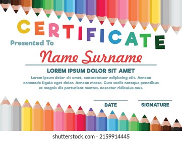 Children's certificate on the background of colored pencils, with the winner's cup. Template for diploma, announcement, certificate of honor, award. Vector
