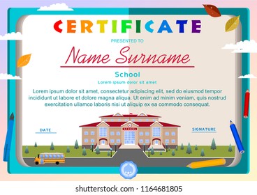 Children's certificate on the background of an open book, a school building, a bus, school supplies