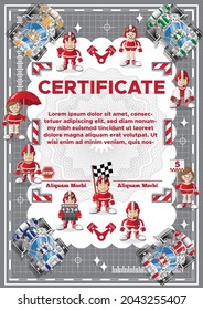 Children's certificate on the topic of car racing. Vector illustration.  Vector illustration.