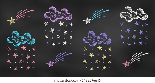 Children's Chalk Drawn Sketch. Set of Design Elements Clouds with Stellar Rain and Shooting Stars Isolated on Chalkboard Backdrop. Kit of Textural Crayon Drawings of Night Sky Symbols on Blackboard.