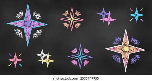 Children's Chalk Drawn Sketch. Set of Design Elements Stars Isolated on Chalkboard. Kit of Textural Crayon Drawings of Starry Sky Objects of White, Blue, Orange, Red, Pink, Violet, Yellow Colors.