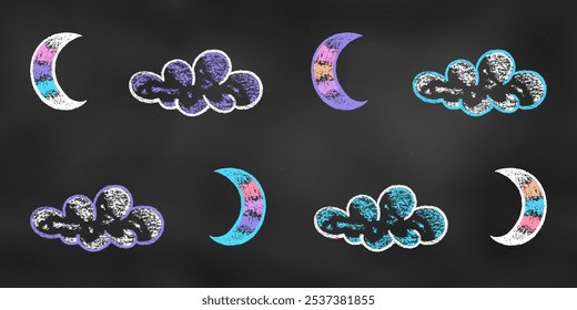 Kinderkreide gezeichnet Skizze. Set von Design-Elementen Monde und Wolken einzeln auf Chalkboard-Hintergrund. Bausatz von Texturstiftzeichnungen des Nachthimmels Einfache Formen von verschiedenen Farben auf der Tafel.