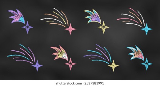 Children's Chalk Drawn Sketch. Set of Design Elements Falling Stars Isolated on Blackboard. Kit of Textural Crayon Drawings of Meteorites of Different Colors on Chalkboard Backdrop.