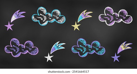 Desenho desenhado de giz infantil. Conjunto de Elementos de Design - Estrelas e Nuvens Isoladas no Fundo do Quadro-negro. Kit de Textural Crayon Desenhos de Meteoritos de Diferentes Cores no Quadro Negro.