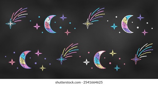 Children's Chalk Drawn Sketch. Set of Design Elements of Starry Night Sky Isolated on Chalkboard Backdrop. Kit of Textural Crayon Drawings of  Moons with Stars of Different Colors on Blackboard.