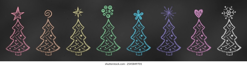 Desenho desenhado de giz infantil. Conjunto de Elementos de Design Árvores de Natal Isolado no Fundo Chalkboard. Kit de Desenhos Texturais Crayon de Símbolos de Ano Novo de Diferentes Cores no Quadro Negro.