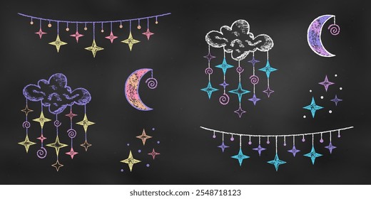 Desenho desenhado de giz infantil. Conjunto de Elementos de Design Luas, Nuvens e Threads com Estrelas Suspensas, Isolado no Fundo de Quadro-negro. Kit de Textural Crayon Desenhos de Símbolos Noturnos.