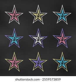 Children's Chalk Drawn Sketch. Set of Design Elements Stars Isolated on Chalkboard Backdrop. Kit of Textural Crayon Drawings of Simple Shapes of Different Colors on Blackboard.