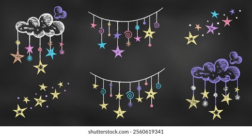 Children's Chalk Drawn Sketch. Set of Design Elements Star Threads, Constellations, Clouds, Isolated on Chalkboard Backdrop. Kit of Textural Crayon Drawings of Sweet Dreams Symbols on Blackboard.