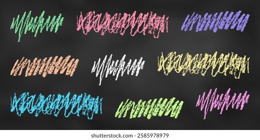 Children's Chalk Drawn Sketch. Set of Design Elements Colorful Scrawls and Scribbles Isolated on Chalkboard Backdrop. Kit of Textural Crayon Drawings of Simple Shapes of Different Colors.