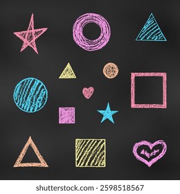 Children's Chalk Drawn Sketch. Set of Design Elements Colorful Figures Isolated on Chalkboard Backdrop. Kit of Textural Crayon Drawings of Simple Doodle Shapes of Different Colors on Blackboard.