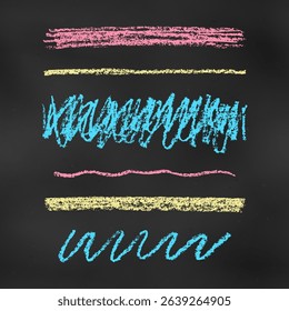 Children's Chalk Drawn Sketch. Set of Design Elements Scribbles Isolated on Chalkboard Backdrop. Kit of Textural Crayon Drawings of Simple Emphasises of Blue, Red and Yellow Colors on Blackboard.