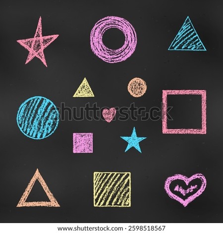 Children's Chalk Drawn Sketch. Set of Design Elements Colorful Figures Isolated on Chalkboard Backdrop. Kit of Textural Crayon Drawings of Simple Doodle Shapes of Different Colors on Blackboard.