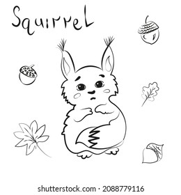 Children's character, cute squirrel, on the background there is a set of leaves, nuts and lettering.