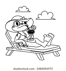 The children's character frog relaxing in a sun lounger on a tropical beach with a cocktail in his hand. Children's coloring page (A4 format). Vector illustration.