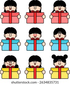 Children's character holding gift box, cute icon set, celebration, celebration, cartoon style, happy person, emoticon