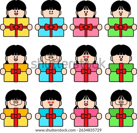 Children's character holding gift box, cute icon set, celebration, celebration, cartoon style, happy person, emoticon