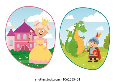 children's character. magic princess with crown, castle, brave knight and dragon vector