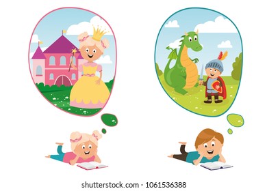 children's character. magic princess with crown, castle, brave knight and dragon vector, children read fairy tales. education and training