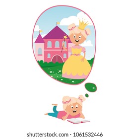 children's character. a magical princess with a crown, a castle. vector