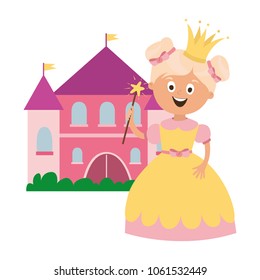 children's character. a magical princess with a crown, a castle. vector