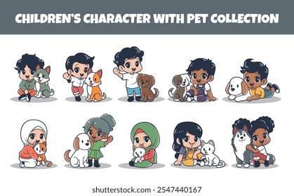 Personaje de los niños con el sistema de la Ilustración vectorial del animal doméstico