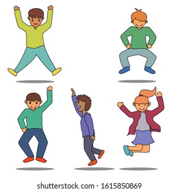 Children's character poses, cheerful illustrations of boys and girls. Vector illustration in cartoon style


