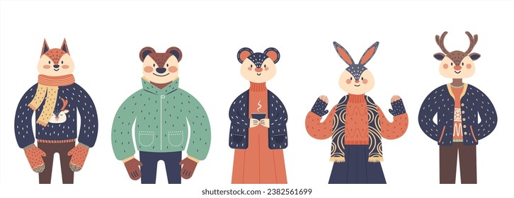Childrens character set. Cute winter animal collection. Christmas animals.