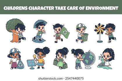 Childrens character take care of environment vector illustration set