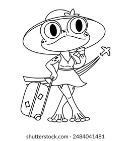 The children's character travelling frog wearing sunhat with a suitcase on wheels. Airplane taking off. Children's coloring page (A4 format). Vector illustration.