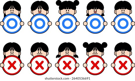 Children's characters displaying OX, positive and negative expressions, those displaying prohibition and rejection, those displaying approval and acceptance, vector illustrations on white backgrounds