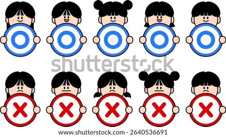 Children's characters displaying OX, positive and negative expressions, those displaying prohibition and rejection, those displaying approval and acceptance, vector illustrations on white backgrounds