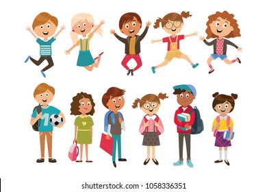 children's characters of people. school pupils, fun jump, vector