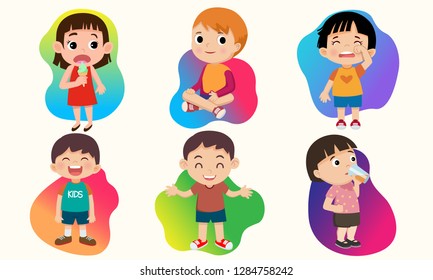 Children's characters with smiles, laughs, crying and various emotions