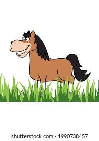 children's charity of brown horse with big smile and green grass below