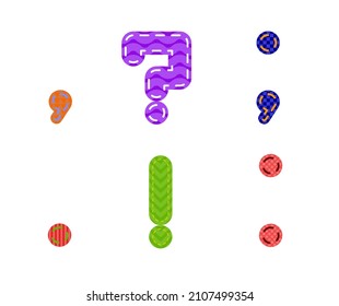 Children's cheerful alphabet for embroidery. Punctuation marks: exclamation and question marks, dot, comma, semicolon, colon. Vector stock illustration