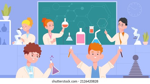 Childrens chemical laboratory. Children in school lab with chemistry solution, kid scientist, scientific research biology microscope experiment vector illustration. Lab school and scientific research