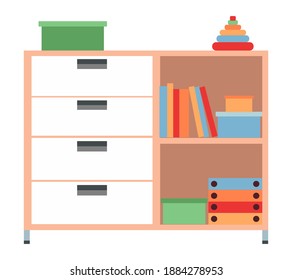 Childrens Chest Of Drawers With Plush Toys Isolated On White Background. A Commode For Medical Manipulations And Storage Of Necessary Items. Shelves With Books And Boxes. Furniture For Medical Office