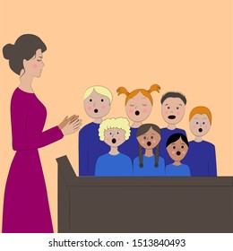 Children's choir with a conductor. Lesson of choral singing in children. Children sing all together and the teacher leads them.