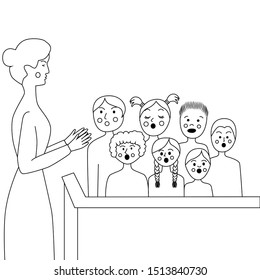 Children's choir with a conductor. Lesson of choral singing in children. Children sing all together and the teacher leads them.