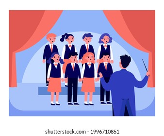 Childrens choir with conductor on stage flat vector illustration. Pupils singing at school concert. Musicians, performance concept for banner, website design or landing web page