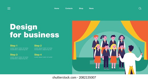 Childrens choir with conductor on stage flat vector illustration. Pupils singing at school concert. Musicians, performance concept for banner, website design or landing web page