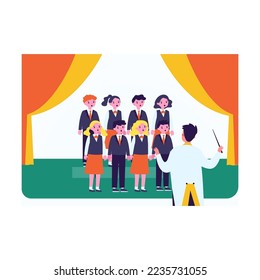 Childrens choir with conductor on stage flat vector illustration. Pupils singing at school concert. Musicians, performance concept for banner, website design or landing web page