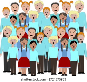 Children's choir . Lesson of choral singing in children. Children sing all together.